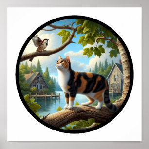 A circular 3D image of a beautiful Calico cat  Poster