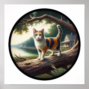 A circular 3D image of a beautiful Calico cat  Poster