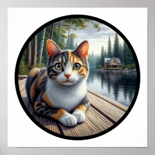 A circular 3D image of a beautiful Calico cat  Poster