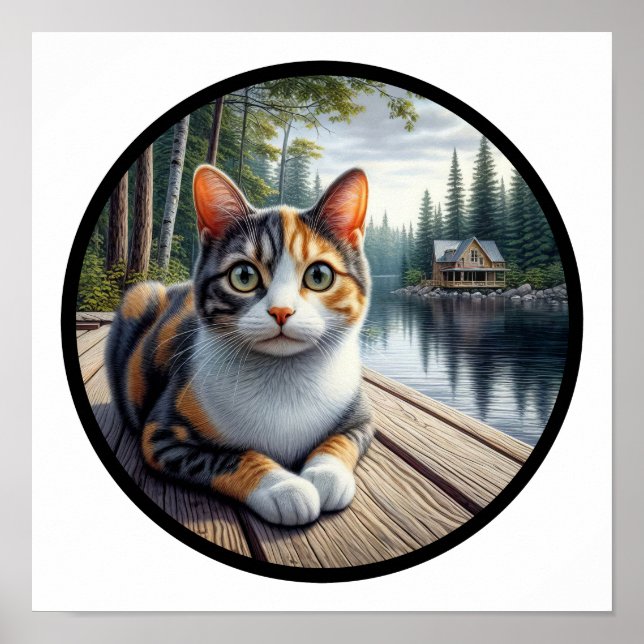 A circular 3D image of a beautiful Calico cat  Poster (Front)