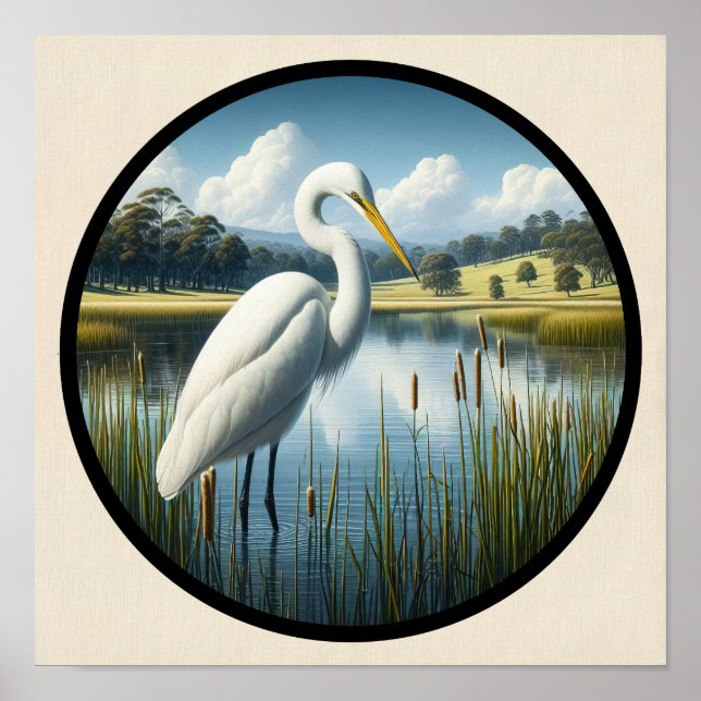 A Circular 3D Image of a Beautiful Great Egret  Poster (Front)