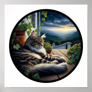 A Circular 3D Image of a Beautiful Maine Coon Cat  Poster