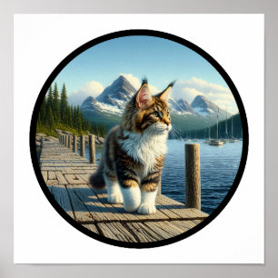 A Circular 3D Image of a Beautiful Maine Coon Cat Poster