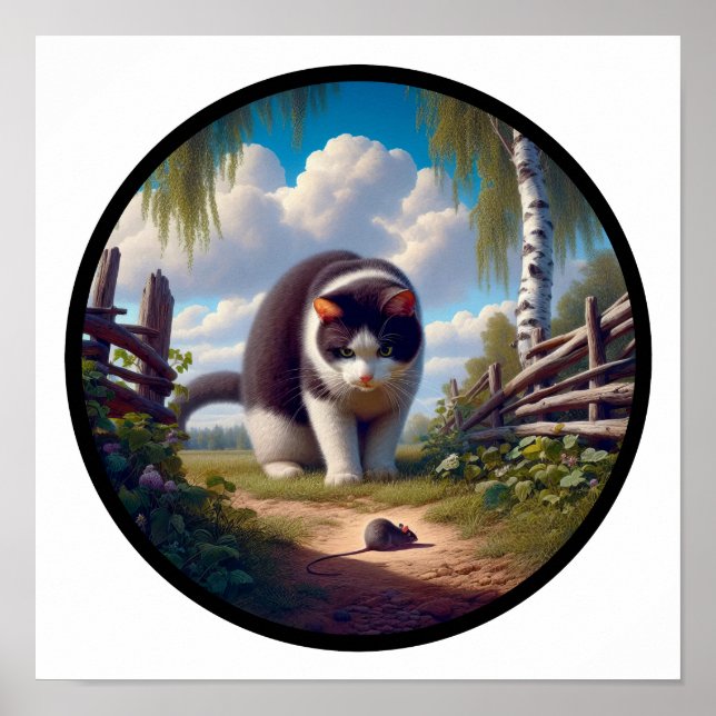 A Circular 3D Image of a Beautiful Tuxedo cat  Poster (Front)