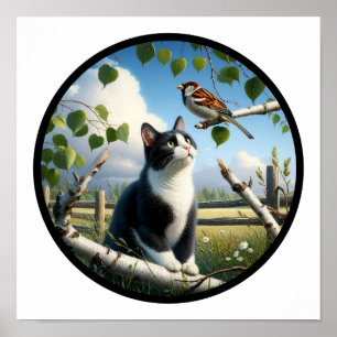 A Circular 3D Image of a Beautiful Tuxedo cat  Poster