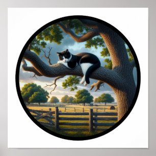 A Circular 3D Image of a Beautiful Tuxedo cat  Poster