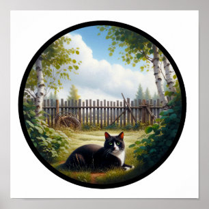 A Circular 3D Image of a Beautiful Tuxedo cat  Poster