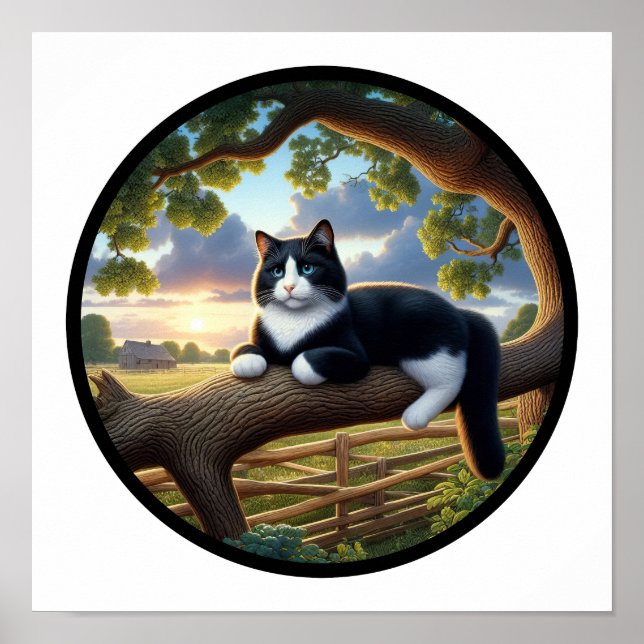A Circular 3D Image of a Beautiful Tuxedo cat  Poster (Front)