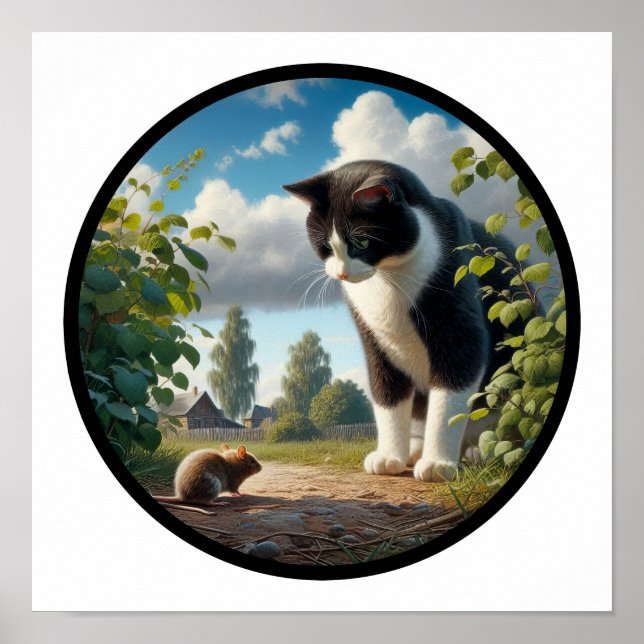 A Circular 3D Image of a Beautiful Tuxedo cat  Poster (Front)