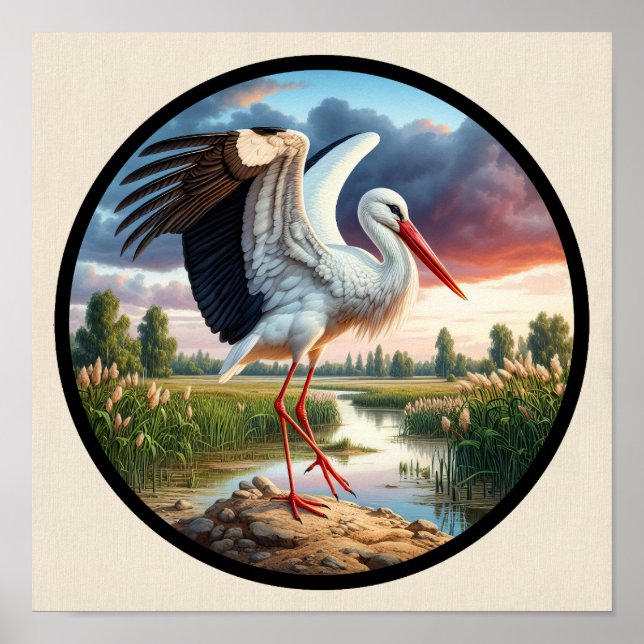 A Circular 3D Image of a Beautiful White Stork Poster (Front)