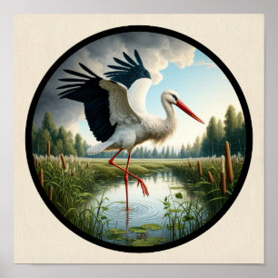 A Circular 3D Image of a Beautiful White Stork Poster