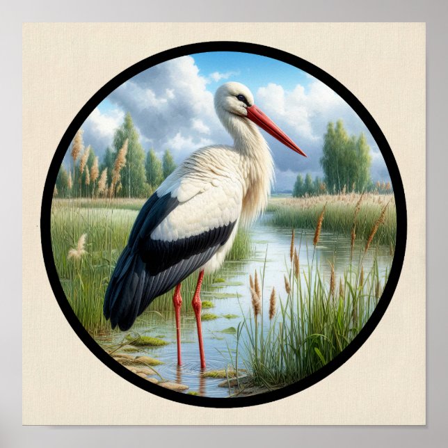 A Circular 3D Image of a Beautiful White Stork Poster (Front)