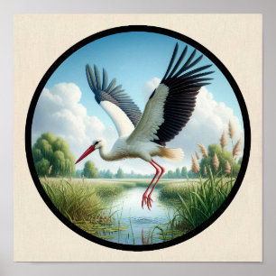 A Circular 3D Image of a Beautiful White Stork Poster