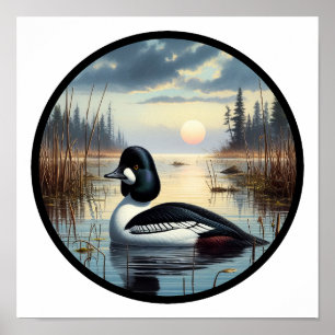 A Circular 3D Image of a Common Goldeneye Duck Poster