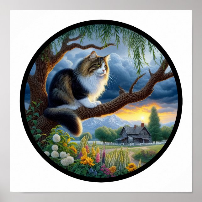 A Circular 3D Image of a Domestic Longhair Cat Poster (Front)