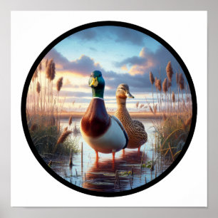 A Circular 3D Image of a Male and Female Mallard  Poster