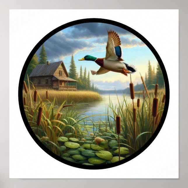 A Circular 3D Image of a Mallard Duck Flying Poster (Front)