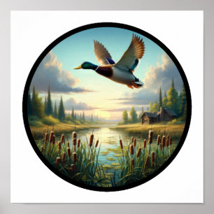 A Circular 3D Image of a Mallard Duck Flying Poster