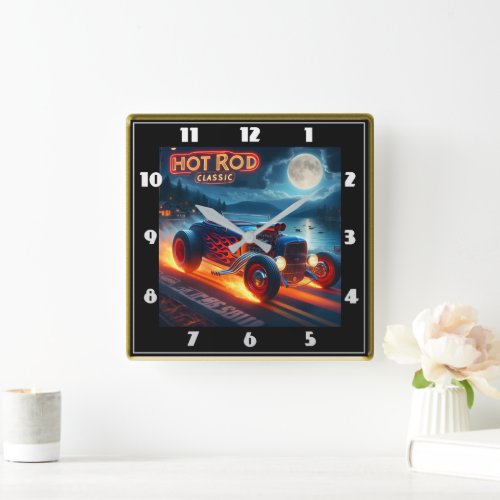 A classic hot rod cruising under the moonlit sky square wall clock