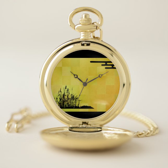 A clock with a black Japanese pattern on a gold le Pocket Watch (Inside)