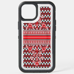 A close-up of red and black patterned fabric showc iPhone 15 plus case