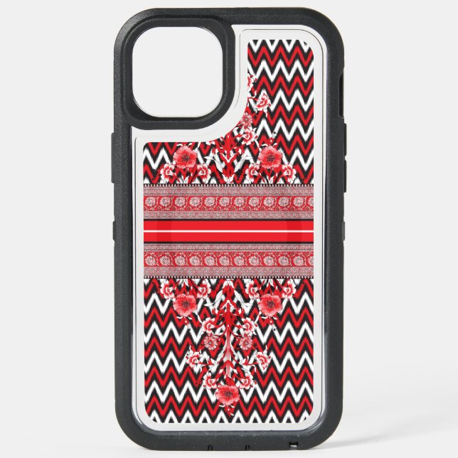 A close-up of red and black patterned fabric showc iPhone 15 plus case (Back)