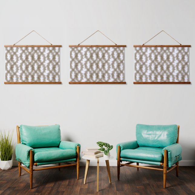 A close-up view of a crisscrossing wire mesh grid  hanging tapestry (Living Room)