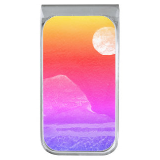 A close up view of fantasy worlds and their moons  silver finish money clip