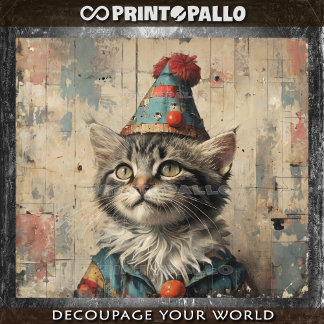A clown kitten in vintage paper drowing -