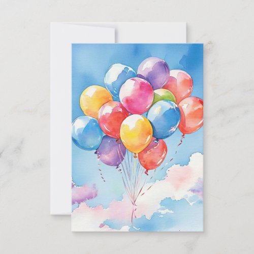 A cluster of colorful watercolor balloons  thank you card