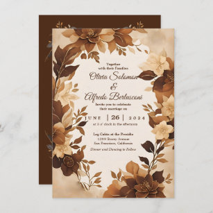 A Coffee & Cream Autumn Floral Theme Wedding Invitation