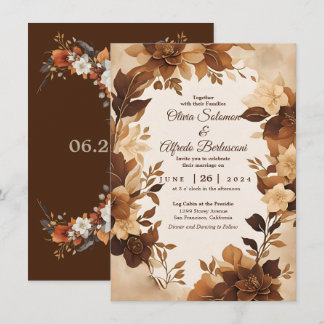 A Coffee & Cream Autumn Floral Theme Wedding Invitation