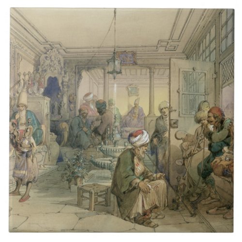 A Coffee House Constantinople 1854 pen  ink  Tile
