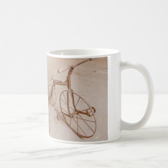 a coffee mug with a photo of an old tricycle (Right)