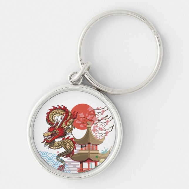 A collaboration of Japanese scenery and dragons Keychain (Front)