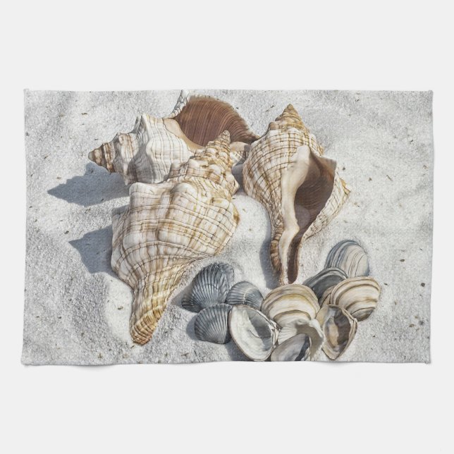 A Collection of Seashells on Sand Kitchen Towel (Horizontal)