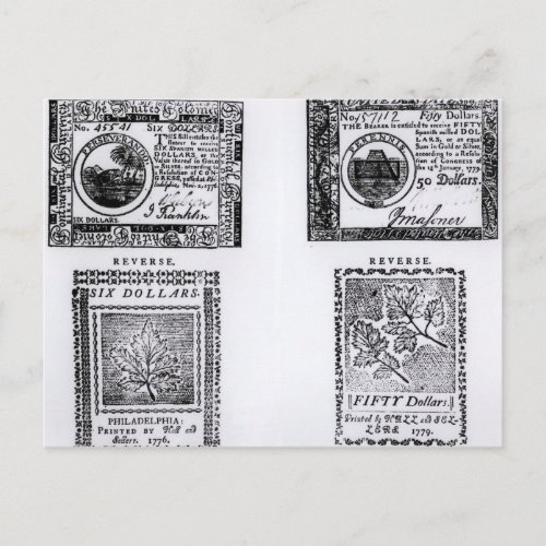 A colonial six dollar bill postcard