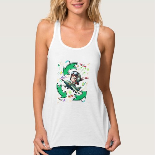 A colored cartoon character riding jet color green tank top