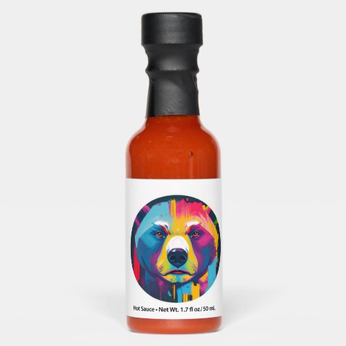 A colorful bear appears in front hot sauces