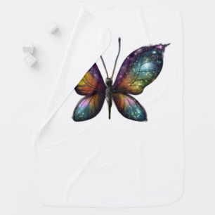 A colorful butterfly with galaxy-like wings is dep baby blanket