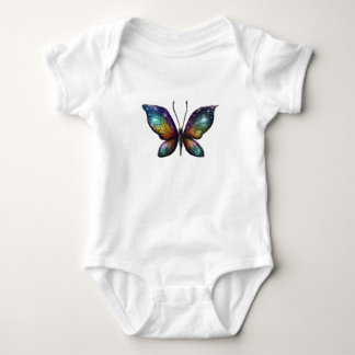 A colorful butterfly with galaxy-like wings is dep baby bodysuit