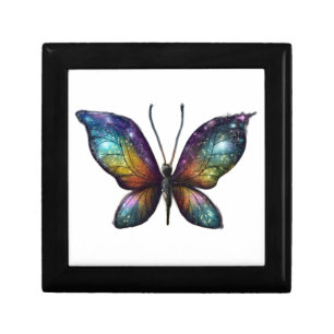 A colorful butterfly with galaxy-like wings is dep gift box