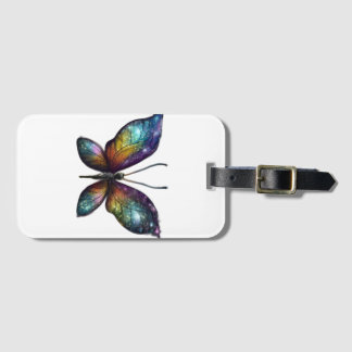 A colorful butterfly with galaxy-like wings is dep luggage tag