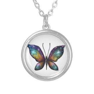 A colorful butterfly with galaxy-like wings is dep silver plated necklace