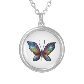 A colorful butterfly with galaxy-like wings is dep silver plated necklace