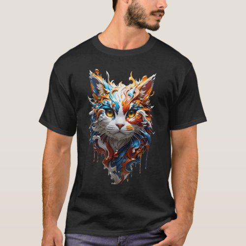 A colorful cat with a black background T_Shirt