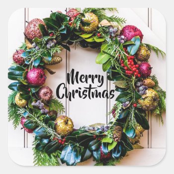 A Colorful Christmas Wreath Holiday Card Stickers by Pretty_Vintage at Zazzle