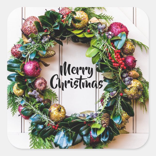 A Colorful Christmas Wreath Holiday Card Stickers (Front)