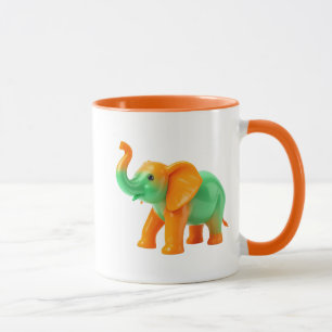 A colorful decorative elephant with a raised trump mug