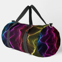 A colorful duffel bag with black straps